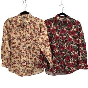 VTG RED ROVER Lot of 2 Southwest Floral Print Button‎ Down Shirt S Linen Cotton